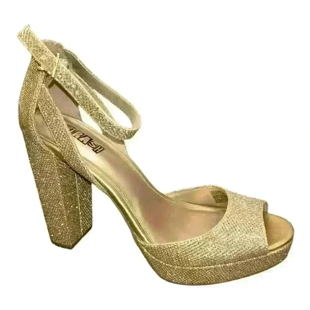 Brash Shoes Womens Sz 8.5 Gold Sparkle 4.5”High Heel Open Toe Strappy Platform